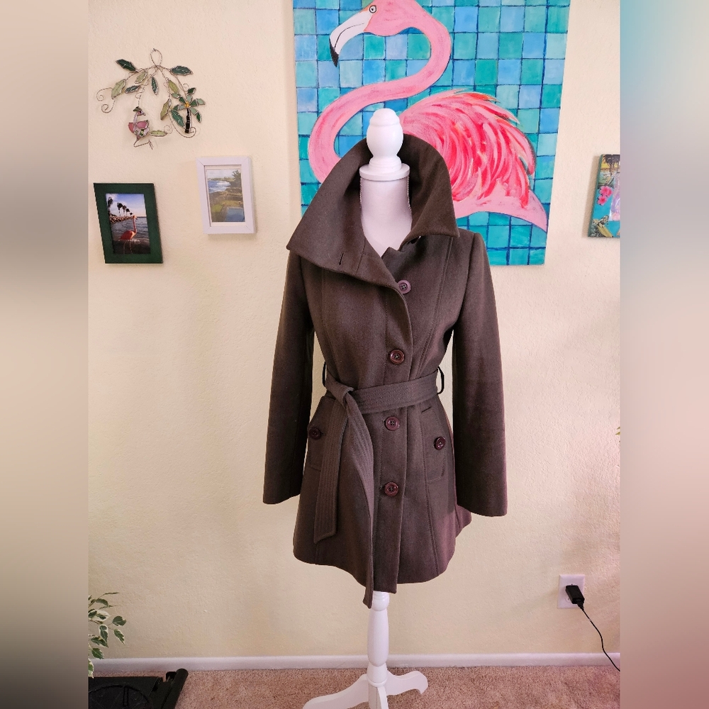 Nine West Womens Olive Green belted Wool-Blend Coat Sz 4